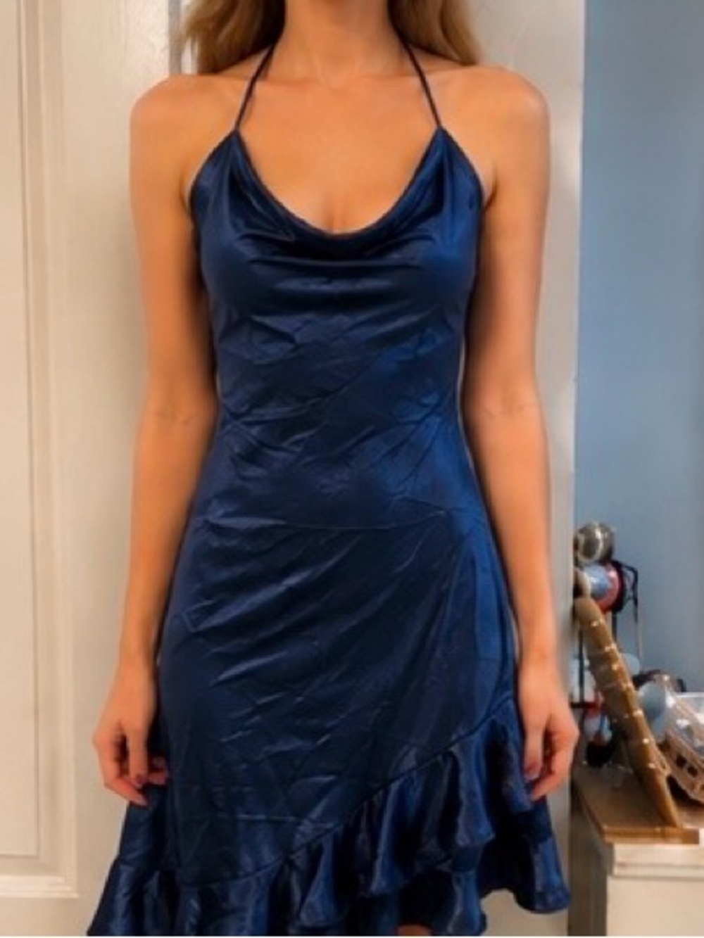 Cider Navy Satin Halter Ruffle Mini Dress – Size L